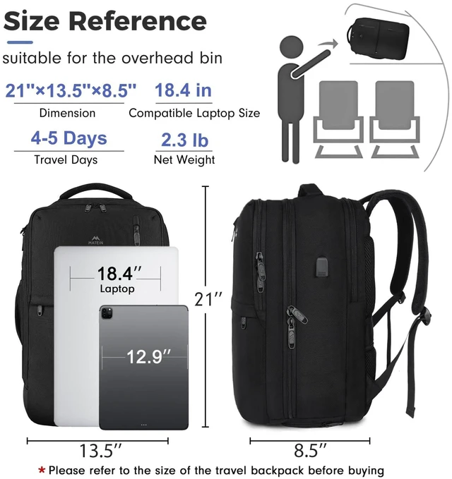 Alt view image 7 of 10 - MATEIN Extra Large 45L Travel Laptop Backpack, Airline Approved Carry on Backpack with USB Port & Shoe Compartment, Water Resistant Luggage College Overnight Weekender Travel Bag Fit 18" Laptop, Black