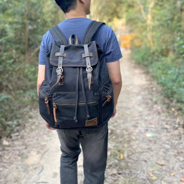 Alt view image 8 of 10 - AUGUR High Capacity Canvas Vintage Backpack - for Hiking Travel 12-15" Laptop Backapcks for Men Casual Daypacks School bag Rucksack (M-Black)