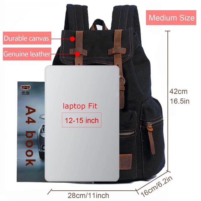 Alt view image 10 of 10 - AUGUR High Capacity Canvas Vintage Backpack - for Hiking Travel 12-15" Laptop Backapcks for Men Casual Daypacks School bag Rucksack (M-Black)