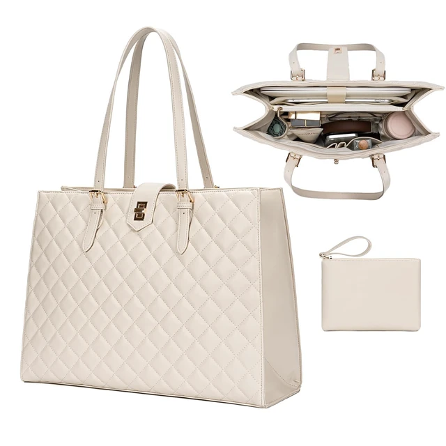 Alt view image 6 of 10 - BAGOK Quilted Laptop Tote Bag for Women,15.6" Work Bag,Large Capacity Shoulder Handbag for Business,Office,Travel,Daily UseOff White