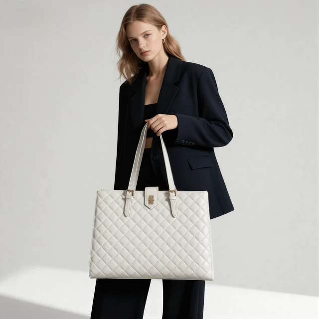 Alt view image 7 of 10 - BAGOK Quilted Laptop Tote Bag for Women,15.6" Work Bag,Large Capacity Shoulder Handbag for Business,Office,Travel,Daily UseOff White
