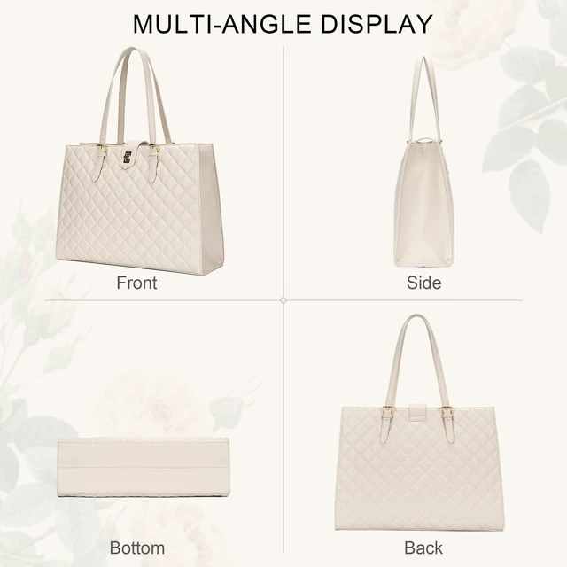 Alt view image 9 of 10 - BAGOK Quilted Laptop Tote Bag for Women,15.6" Work Bag,Large Capacity Shoulder Handbag for Business,Office,Travel,Daily UseOff White