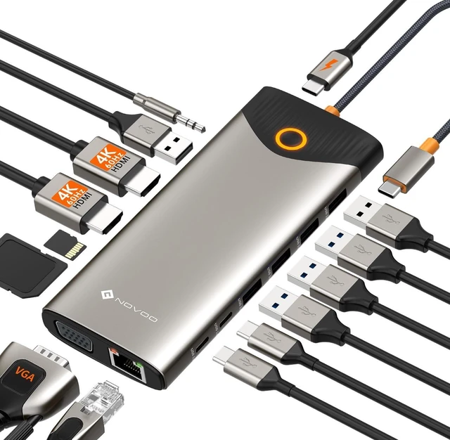 Alt view image 6 of 10 - NOVOO USB C Docking Station Dual Monitor, 15 in 1 Laptop Docking Station 3 Monitors with 2 HDMI,VGA,USB C/A Ports, 100W PD, RJ45, SD/TF and Audio, Multiport Adapter for MacBook/Dell/iPhone/HP/Lenovo