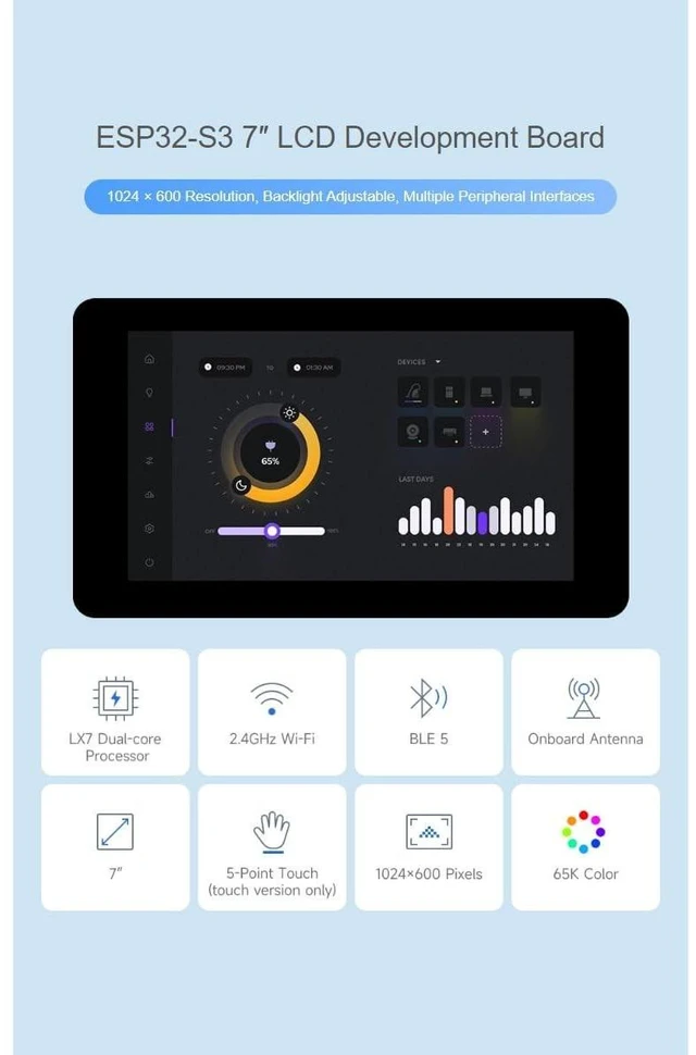 Alt view image 7 of 10 - waveshare ESP32-S3 7inch Touch Display Development Board Type B 1024600 Resolution 7IPS LCD Screen Supports Wi-Fi and Bluetooth BLE 5,Backlight Adjustable, Multiple Peripheral Interfaces