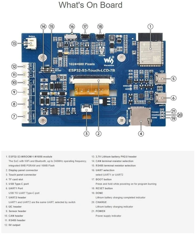 Alt view image 10 of 10 - waveshare ESP32-S3 7inch Touch Display Development Board Type B 1024600 Resolution 7IPS LCD Screen Supports Wi-Fi and Bluetooth BLE 5,Backlight Adjustable, Multiple Peripheral Interfaces