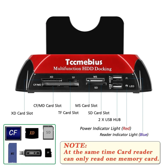 Alt view image 8 of 10 - Tccmebius Hard Drive Docking Station, TCC-S862-US USB 2.0 to 2.5 3.5 Inch SATA IDE Dual Slots External Enclosure with All in 1 Card Reader and USB 2.0 Hub for 2.5" 3.5" IDE SATA I/II/III HDD SSD