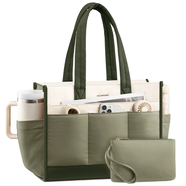 Alt view image 3 of 4 - LOVEVOOK Tote Bag for Women, Puffer Laptop Handbag Work Purse 17 Inch for Teacher Nurse, Large Quilted Travel Tote Shoulder Bag with Zipper for College Office Clinical Gym, Cream-green