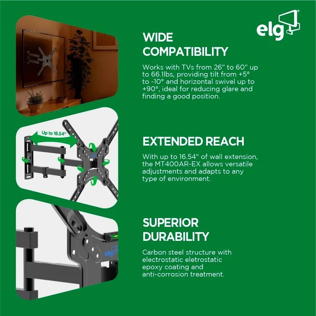 Alt view image 8 of 10 - ELG Full-Motion TV Wall Mount for 2660" TVs, Single-Stud Articulating Bracket, 16.5" Extension, Tilt +5/-10, Swivel 90, VESA 7575400400, 66 lb Capacity, Level & Hardware Kit MT400AR-EX