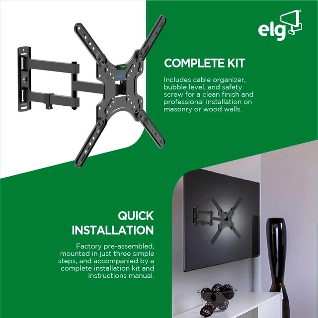 Alt view image 9 of 10 - ELG Full-Motion TV Wall Mount for 2660" TVs, Single-Stud Articulating Bracket, 16.5" Extension, Tilt +5/-10, Swivel 90, VESA 7575400400, 66 lb Capacity, Level & Hardware Kit MT400AR-EX
