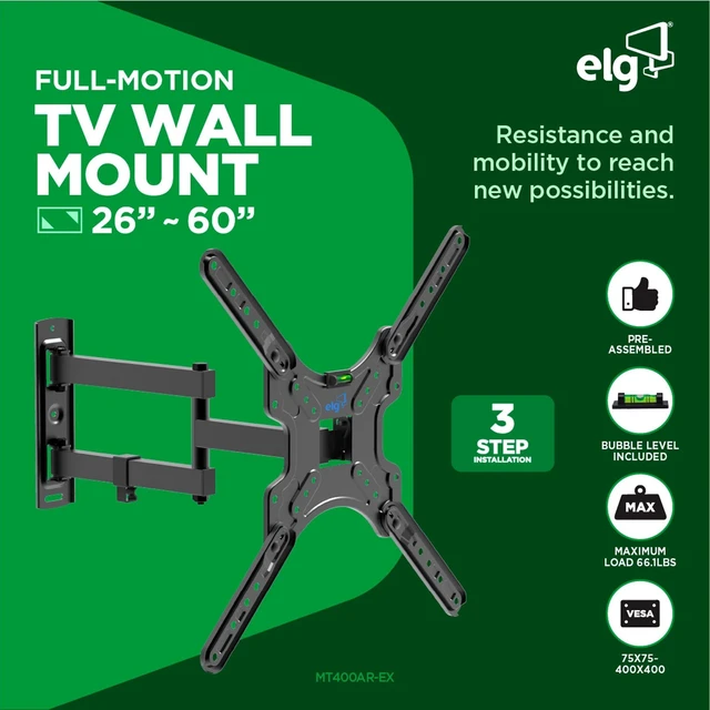 Alt view image 7 of 10 - ELG Full-Motion TV Wall Mount for 2660" TVs, Single-Stud Articulating Bracket, 16.5" Extension, Tilt +5/-10, Swivel 90, VESA 7575400400, 66 lb Capacity, Level & Hardware Kit MT400AR-EX