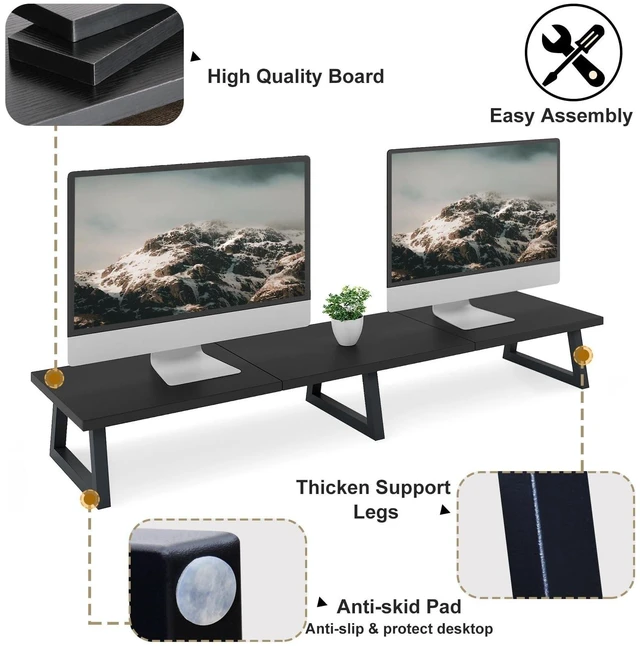 Alt view image 9 of 10 - TEAMIX Black 42 inch Dual Monitor Riser,Wood and Steel Long Monitor Stand for 2 Monitors with Storage Large TV Riser Computer Laptop Stand for Desk Office Organization