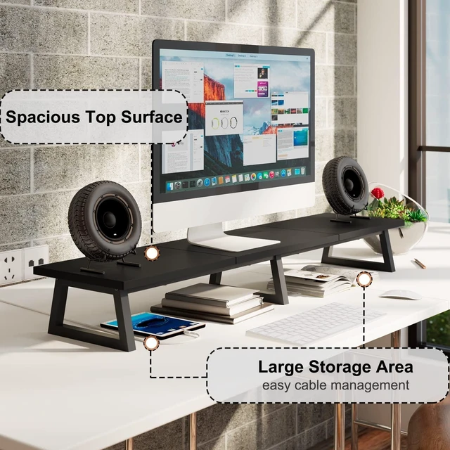 Alt view image 8 of 10 - TEAMIX Black 42 inch Dual Monitor Riser,Wood and Steel Long Monitor Stand for 2 Monitors with Storage Large TV Riser Computer Laptop Stand for Desk Office Organization
