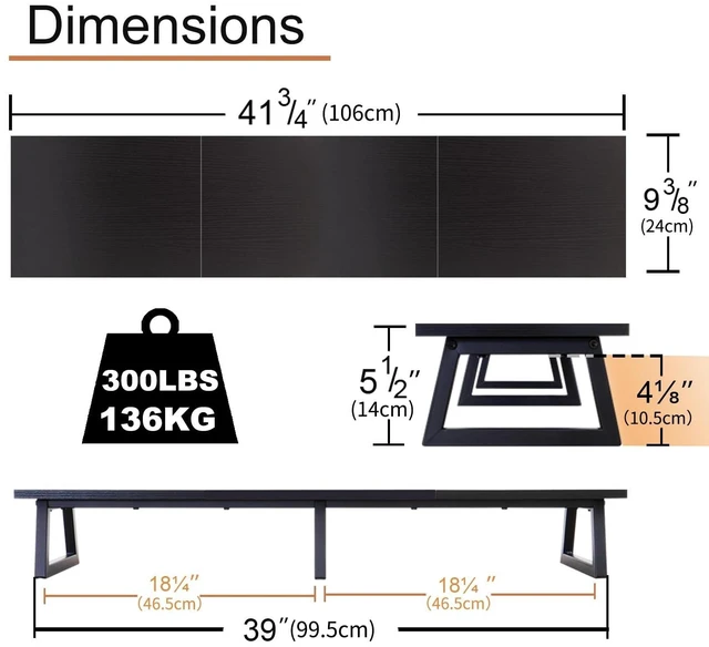 Alt view image 10 of 10 - TEAMIX Black 42 inch Dual Monitor Riser,Wood and Steel Long Monitor Stand for 2 Monitors with Storage Large TV Riser Computer Laptop Stand for Desk Office Organization