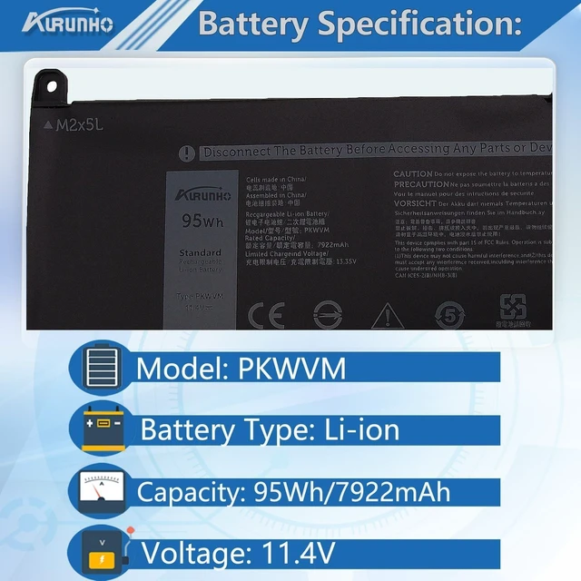 Alt view image 7 of 10 - AURUNHO PKWVM 95Wh Laptop Battery Replacement for Dell Precision 7550 7560 7750 7760 Mobile Workstation P44E P93F P44E001 P44E002 P93F001 P93F002 C903V CR72X 17C06 0CR72X 0447VR 068N03 453-BBCQ 11.4V