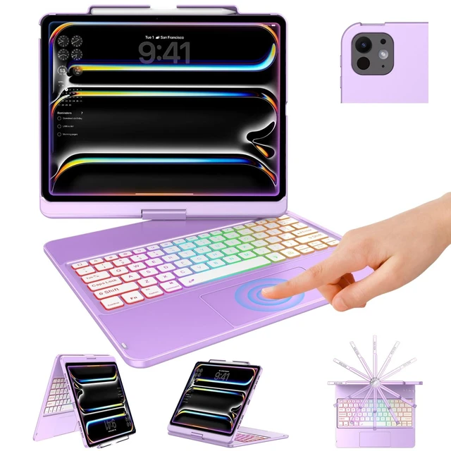 Alt view image 6 of 10 - TQQ iPad Pro 13-inch Case with Keyboard (M5 2025 / M4 2024), iPad Pro 13 Keyboard Case with Pencil Holder, Multi-Touch Trackpad, 360 Rotatable, 7-Color Backlit, Thin & Light (Purple)