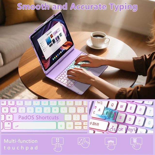 Alt view image 9 of 10 - TQQ iPad Pro 13-inch Case with Keyboard (M5 2025 / M4 2024), iPad Pro 13 Keyboard Case with Pencil Holder, Multi-Touch Trackpad, 360 Rotatable, 7-Color Backlit, Thin & Light (Purple)