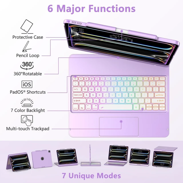 Alt view image 8 of 10 - TQQ iPad Pro 13-inch Case with Keyboard (M5 2025 / M4 2024), iPad Pro 13 Keyboard Case with Pencil Holder, Multi-Touch Trackpad, 360 Rotatable, 7-Color Backlit, Thin & Light (Purple)