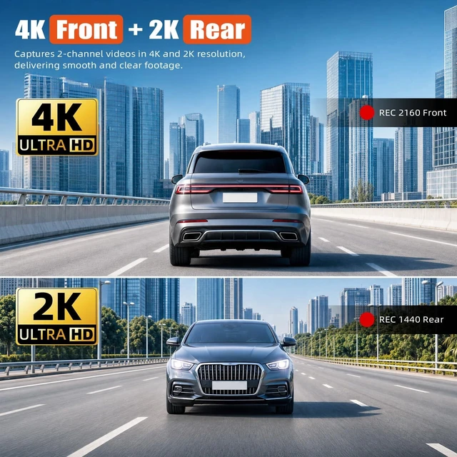 Alt view image 7 of 10 - SIXTOP 4K Dash Cam Front and Rear, 4K+2K Dual Dash Camera for Cars, ADAS, 5.8GHz WiFi GPS 64GB Card Included, Night Vision, 3.16'' IPS Screen G-Sensor 24H Parking Mode Loop Recording Wide Angle