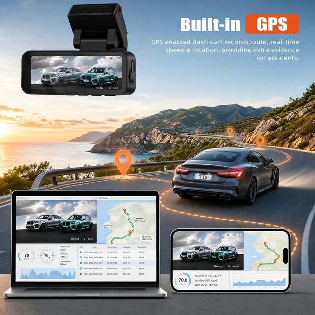 Alt view image 9 of 10 - SIXTOP 4K Dash Cam Front and Rear, 4K+2K Dual Dash Camera for Cars, ADAS, 5.8GHz WiFi GPS 64GB Card Included, Night Vision, 3.16'' IPS Screen G-Sensor 24H Parking Mode Loop Recording Wide Angle