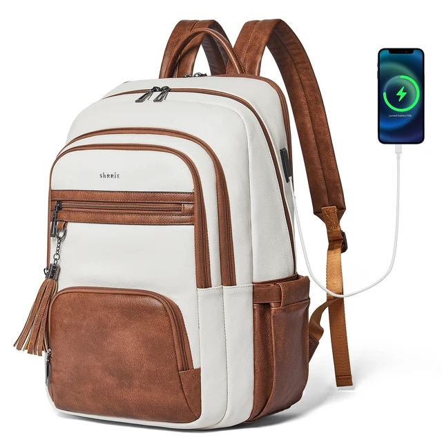 Alt view image 6 of 10 - Shrrie 17 Inch Laptop Backpack for Women,Vegan Leather Backpack Purse,28L Work Business College Travel Computer Backpacks with Pouch Pocket for Large Capacity Cup & USB Charger,Beige with Brown