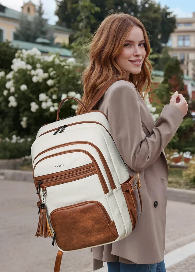 Alt view image 7 of 10 - Shrrie 17 Inch Laptop Backpack for Women,Vegan Leather Backpack Purse,28L Work Business College Travel Computer Backpacks with Pouch Pocket for Large Capacity Cup & USB Charger,Beige with Brown