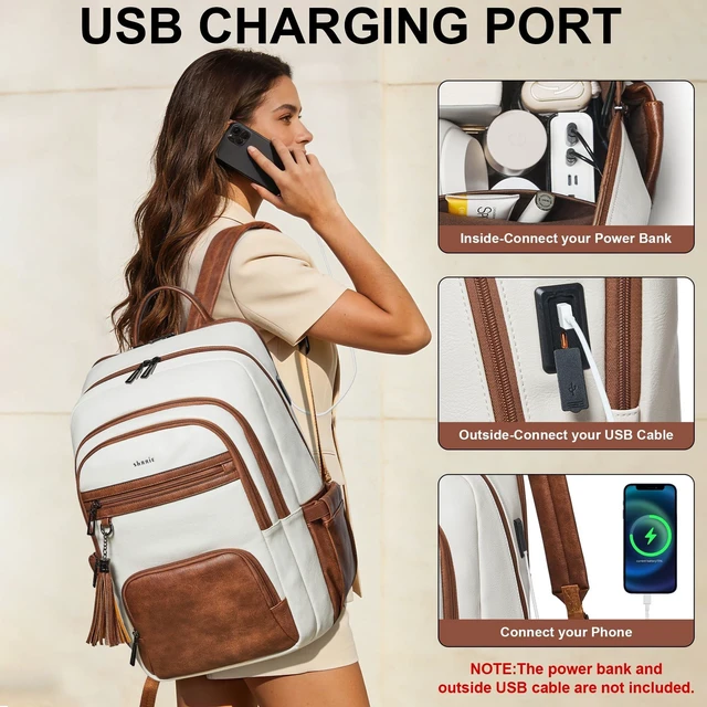 Alt view image 9 of 10 - Shrrie 17 Inch Laptop Backpack for Women,Vegan Leather Backpack Purse,28L Work Business College Travel Computer Backpacks with Pouch Pocket for Large Capacity Cup & USB Charger,Beige with Brown