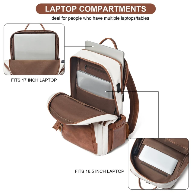 Alt view image 10 of 10 - Shrrie 17 Inch Laptop Backpack for Women,Vegan Leather Backpack Purse,28L Work Business College Travel Computer Backpacks with Pouch Pocket for Large Capacity Cup & USB Charger,Beige with Brown