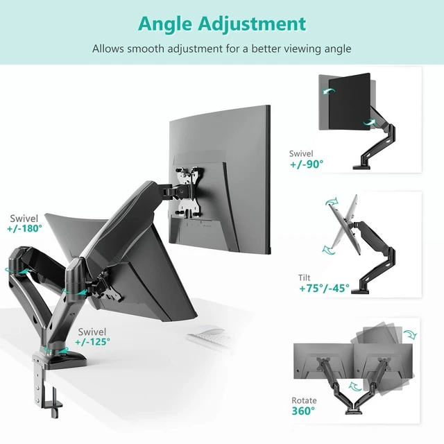 Alt view image 10 of 10 - WALI Dual Monitor Stand for 17-32 inch Screens, Dual Monitor Arms for 2 Monitors Holds up to 19.8 lbs, Adjustable Gas Spring Dual Monitors Mount, VESA 75x75/100x100mm (GSMP002), Black