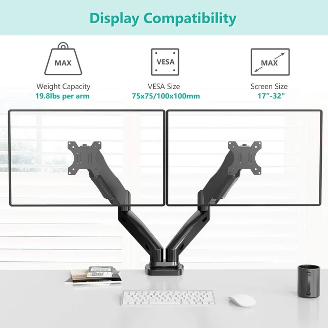 Alt view image 9 of 10 - WALI Dual Monitor Stand for 17-32 inch Screens, Dual Monitor Arms for 2 Monitors Holds up to 19.8 lbs, Adjustable Gas Spring Dual Monitors Mount, VESA 75x75/100x100mm (GSMP002), Black