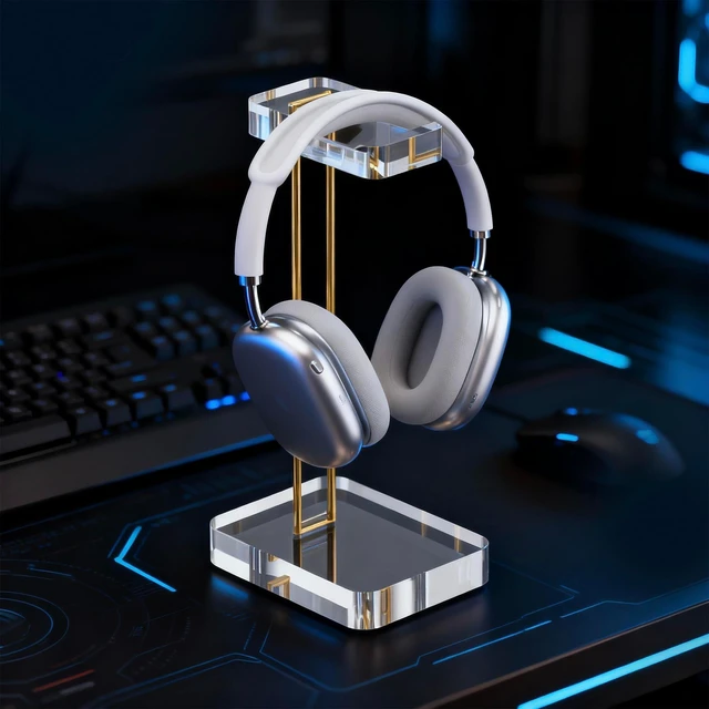 Alt view image 9 of 10 - Headphone Stand Headset Holder for Desk, Solid Christal-Clear Acrylic with Gold Hardware Earphone Hanger for Gaming Room Office Accessories