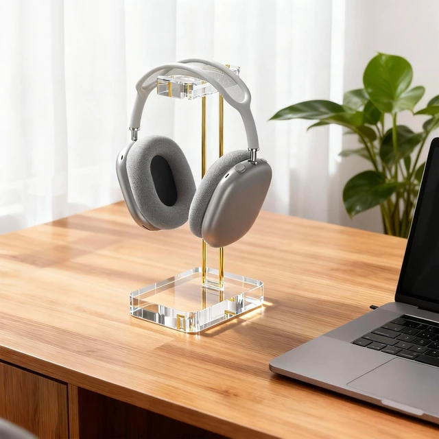 Alt view image 8 of 10 - Headphone Stand Headset Holder for Desk, Solid Christal-Clear Acrylic with Gold Hardware Earphone Hanger for Gaming Room Office Accessories