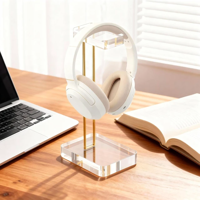 Alt view image 10 of 10 - Headphone Stand Headset Holder for Desk, Solid Christal-Clear Acrylic with Gold Hardware Earphone Hanger for Gaming Room Office Accessories