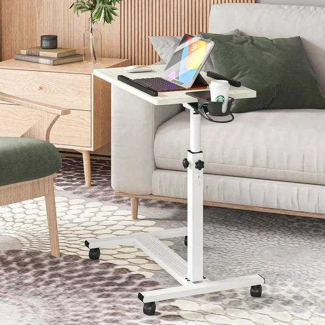 Alt view image 6 of 10 - Panta Height Adjustable Rolling Laptop Stand, Overbed Table with 2 Tilting Desktops, Mobile Laptop Table for Couch with Cup Holder, Mobile Computer Workstation for Office, Home and Hospital,Maple
