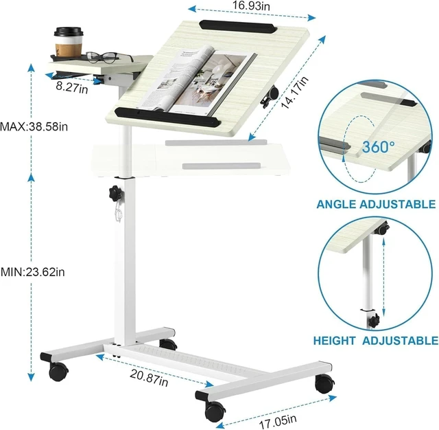 Alt view image 7 of 10 - Panta Height Adjustable Rolling Laptop Stand, Overbed Table with 2 Tilting Desktops, Mobile Laptop Table for Couch with Cup Holder, Mobile Computer Workstation for Office, Home and Hospital,Maple