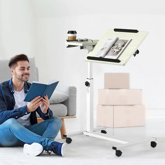 Alt view image 8 of 10 - Panta Height Adjustable Rolling Laptop Stand, Overbed Table with 2 Tilting Desktops, Mobile Laptop Table for Couch with Cup Holder, Mobile Computer Workstation for Office, Home and Hospital,Maple