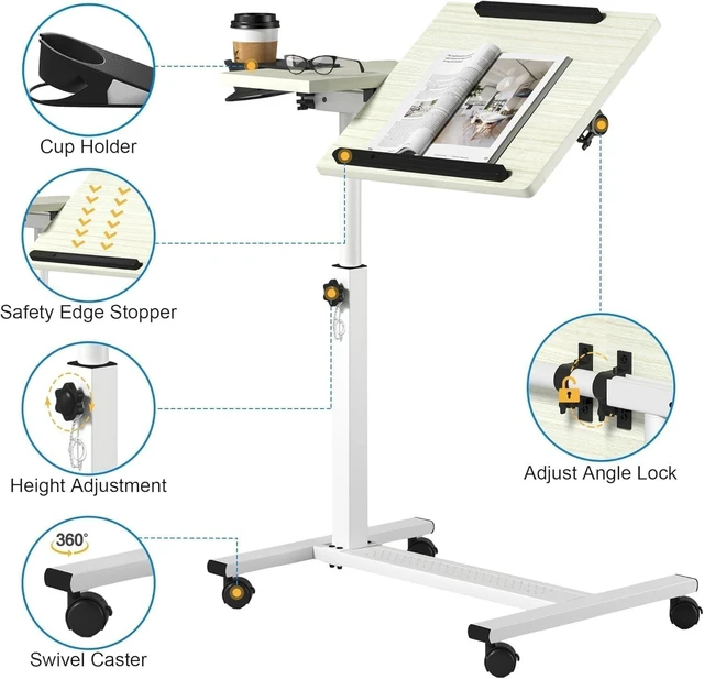 Alt view image 10 of 10 - Panta Height Adjustable Rolling Laptop Stand, Overbed Table with 2 Tilting Desktops, Mobile Laptop Table for Couch with Cup Holder, Mobile Computer Workstation for Office, Home and Hospital,Maple