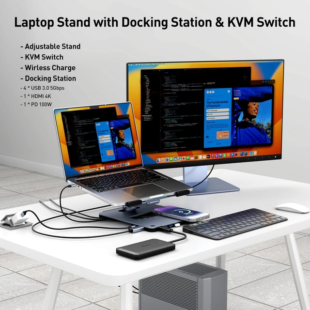 Alt view image 7 of 10 - BENFEI Laptop Stand with USB C 6in1 Docking Station, 15W Magnetic Wireless Charger, USB 3.0 KVM Switch, HDMI 4K@60Hz, 4*USB3.0, 100 PD Compatible with MacBook Pro/Air, iPad Pro, XPS, Thinkpad