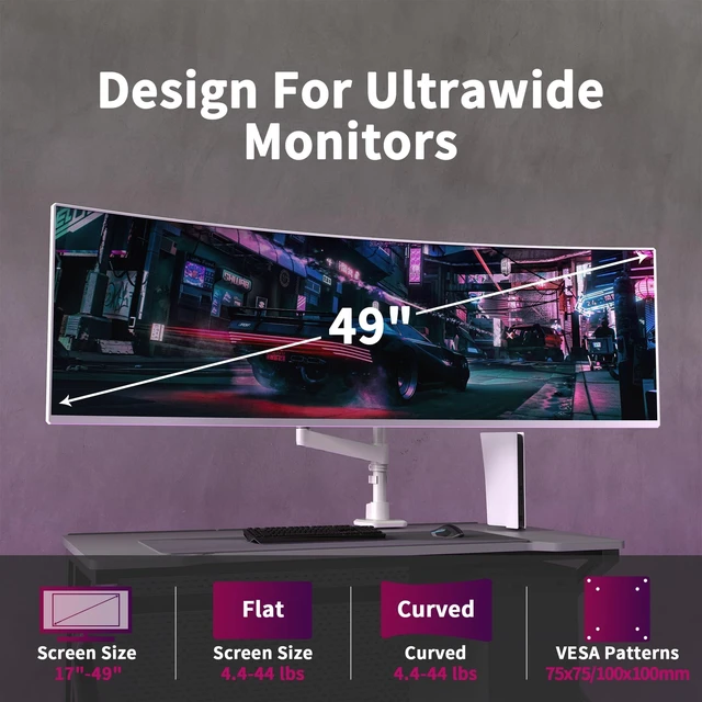 Alt view image 9 of 10 - Single Monitor Arm for 17-49 Inch Ultrawide Screens, Single Monitor Mount Heavy Duty up to 44lbs, Adjustable Vertical Stacked Full Motion Single Monitor Arm Desk Mount, 75/100mm VESA Mount, White