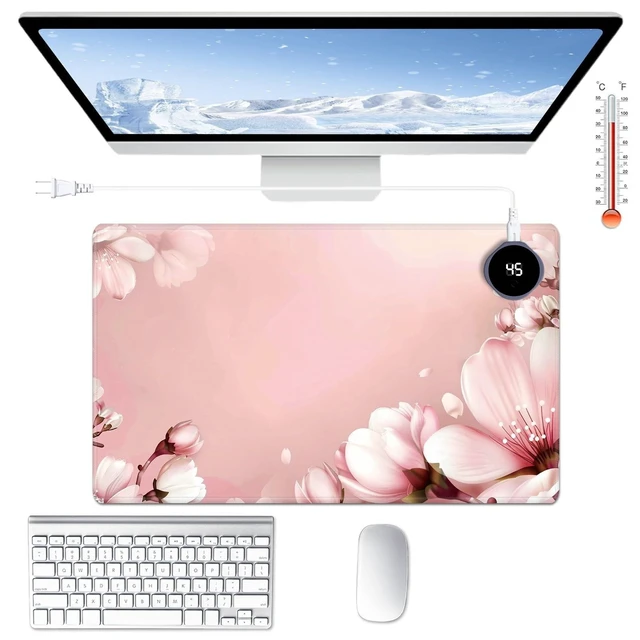Alt view image 6 of 10 - Heated Desk Pad Large Mouse Pad 23.6 x 14.1 inch with 3 Levels Heating & Auto Shut-Off Warm Mouse pad PU Leather Computer Mousepad for Home Office Work - Pink Floral Flower