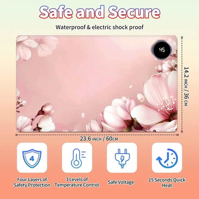 Alt view image 7 of 10 - Heated Desk Pad Large Mouse Pad 23.6 x 14.1 inch with 3 Levels Heating & Auto Shut-Off Warm Mouse pad PU Leather Computer Mousepad for Home Office Work - Pink Floral Flower