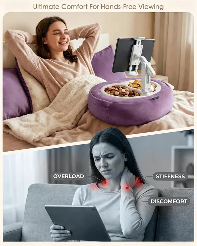 Alt view image 7 of 10 - Miledi Tablet Pillow Stand, Compatible with 5"-12.9" Kindle, iPad, Phone/Tablet, 360 Rotating Phone Holder for Bed, Soft Plush Fabric, Detachable Bowl, Reading and Relaxation on Bed, Purple