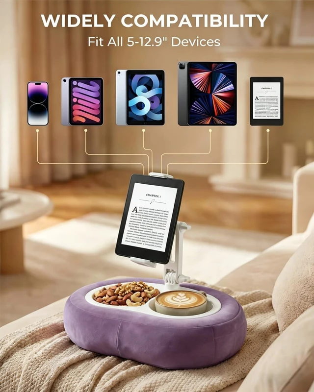 Alt view image 9 of 10 - Miledi Tablet Pillow Stand, Compatible with 5"-12.9" Kindle, iPad, Phone/Tablet, 360 Rotating Phone Holder for Bed, Soft Plush Fabric, Detachable Bowl, Reading and Relaxation on Bed, Purple