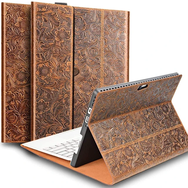 Alt view image 6 of 10 - Gexmil Case for Surface 13 Inch,PRO8 2021 Genuine Leather Cover with Built-in Pencil Holder,Cowhide Folio Cover, Anti Fingerprint Anti Slip,Flower Brown