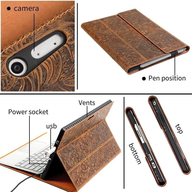 Alt view image 8 of 10 - Gexmil Case for Surface 13 Inch,PRO8 2021 Genuine Leather Cover with Built-in Pencil Holder,Cowhide Folio Cover, Anti Fingerprint Anti Slip,Flower Brown