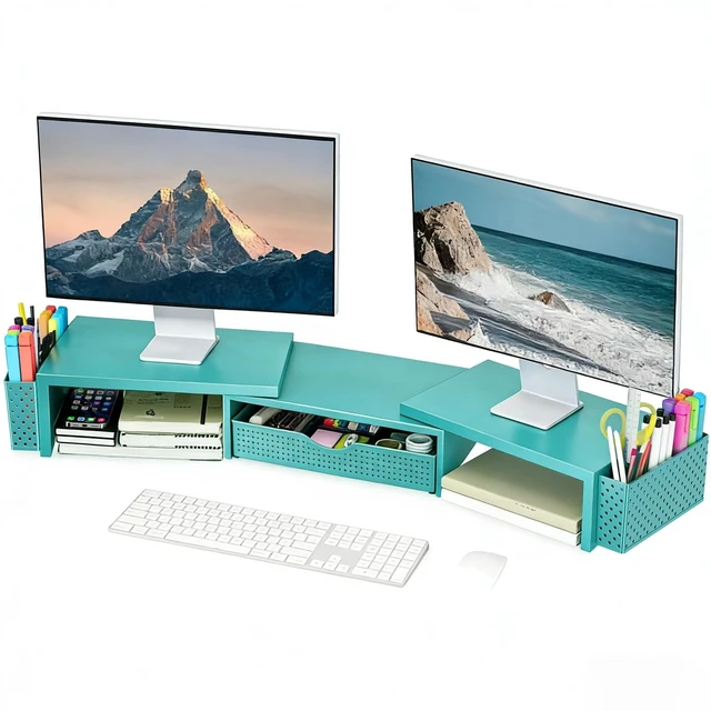 Alt view image 6 of 10 - Spacrea Metal Desk Organizers and Accessories, Dual Monitor Stand Riser with Drawer and 2 Pen Holders, Desk Accessories & Workspace Desktop Organizers for Office Supplies (Blue)