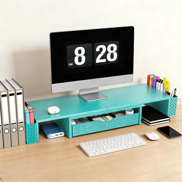 Alt view image 7 of 10 - Spacrea Metal Desk Organizers and Accessories, Dual Monitor Stand Riser with Drawer and 2 Pen Holders, Desk Accessories & Workspace Desktop Organizers for Office Supplies (Blue)
