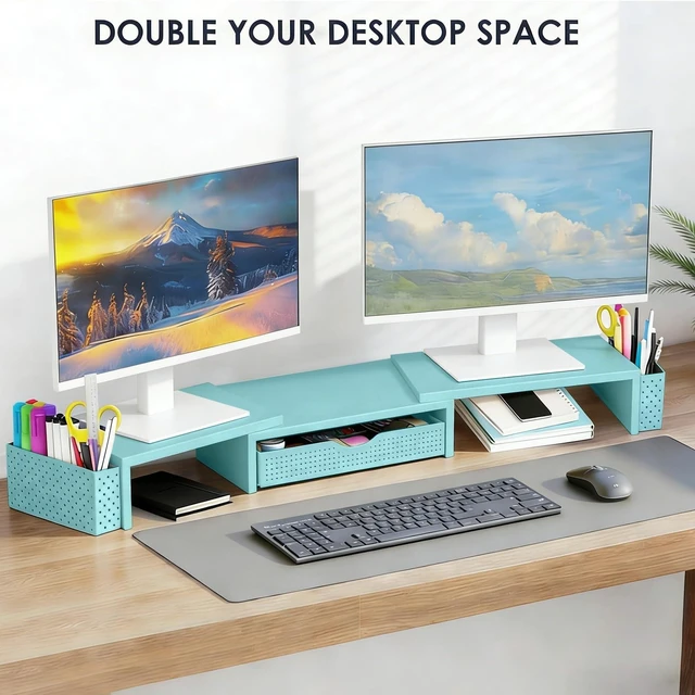 Alt view image 9 of 10 - Spacrea Metal Desk Organizers and Accessories, Dual Monitor Stand Riser with Drawer and 2 Pen Holders, Desk Accessories & Workspace Desktop Organizers for Office Supplies (Blue)