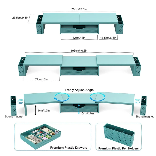 Alt view image 10 of 10 - Spacrea Metal Desk Organizers and Accessories, Dual Monitor Stand Riser with Drawer and 2 Pen Holders, Desk Accessories & Workspace Desktop Organizers for Office Supplies (Blue)