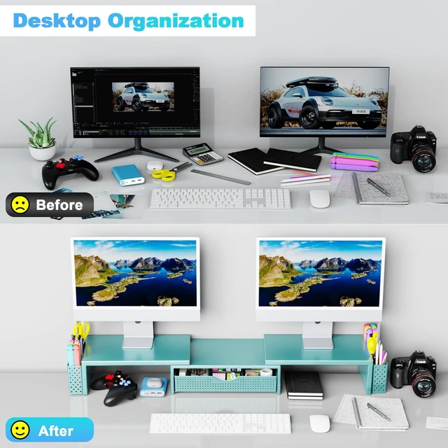 Alt view image 8 of 10 - Spacrea Metal Desk Organizers and Accessories, Dual Monitor Stand Riser with Drawer and 2 Pen Holders, Desk Accessories & Workspace Desktop Organizers for Office Supplies (Blue)