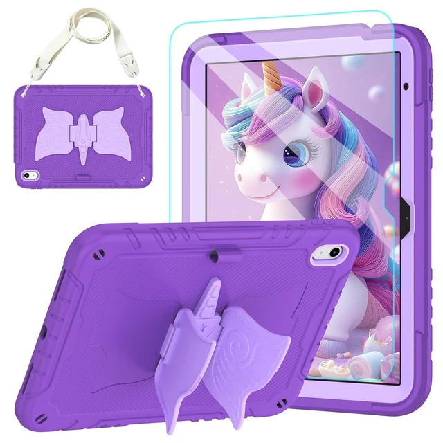Alt view image 6 of 10 - TOMORRY for iPad (A16) 11th Generation 11 Inch 2025/iPad 10th Generation Case 10.9 Inch 2022 with Tempered Glass Screen Protector,Unicorn Stand,Shoulder Strap,for iPad 10 Case Kids Girls (Dark Purple)